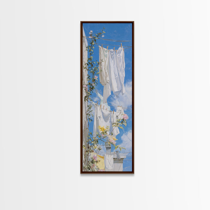 Clothesline with White Linens Blowing in Sunshine Canvas Print, Laundry Room Art, Statement Artwork, Living Room Decor, Clean, LRA-1x3-37