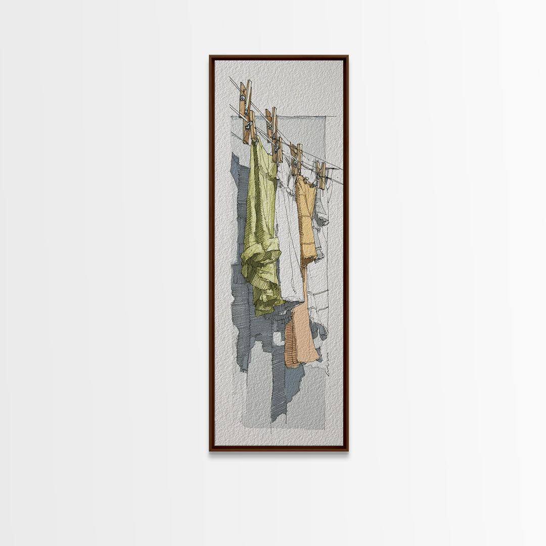 Simple Line Drawing of Hanging Laundry Framed Canvas Print, Laundry Room Art, Fine Art Print, Living Room Decor, Clean, LRA-1x3-4