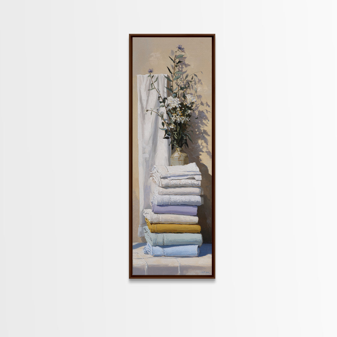 Sunlit White Towels and Eucalyptus Branch Framed Canvas Print, Laundry Room Art, New Home Gift, Living Room Decor, LRA-1x3-47