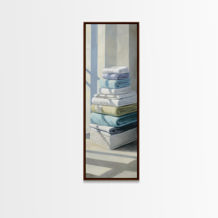 Basket of Folded Towels Framed Canvas Print, Laundry Room Art, Digital Art Print, Living Room Decor, Fine Art, Clean, LRA-1x3-50