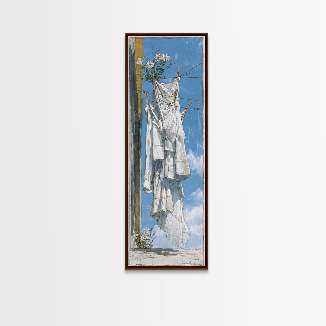 Simple Line Drawing of Hanging Laundry Framed Canvas Print, Laundry Room Art, Living Room Decor, Abstract Art, Clean, LRA-1x3-52