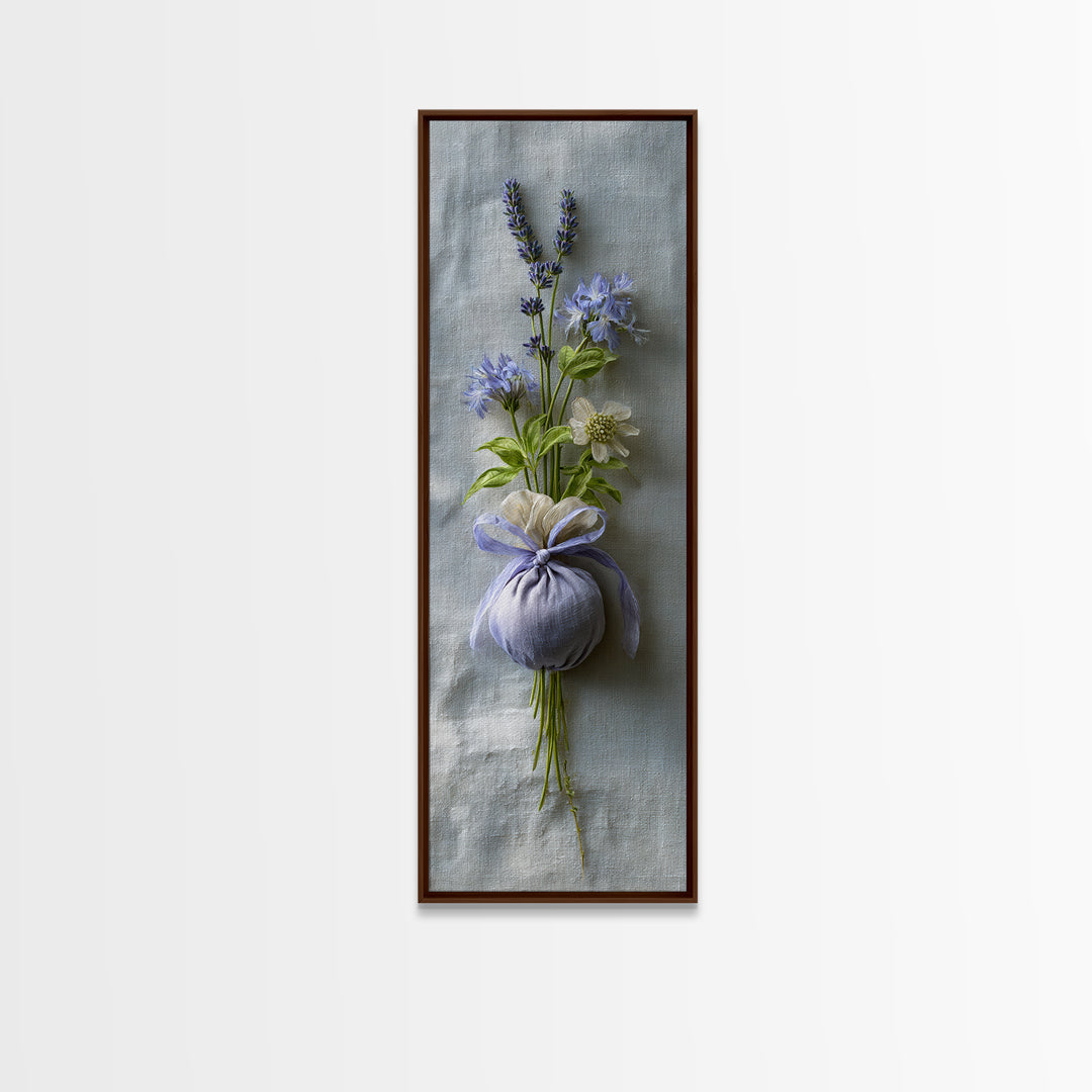 Lavender Sachet and Ribbon Still Life Framed Canvas Print, Laundry Room Art, Modern Decor, Living Room Decor, Fine Art, Clean, LRA-1x3-53