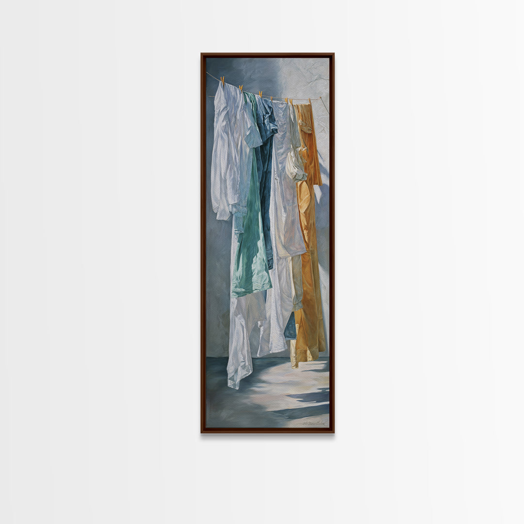 Clothesline with White Linens Blowing in Sunshine Canvas Print, Laundry Room Art, Textured Painting, Living Room Decor, Clean, LRA-1x3-61