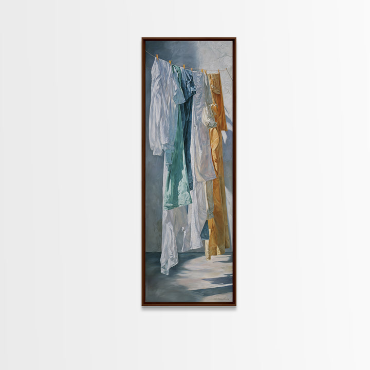 Clothesline with White Linens Blowing in Sunshine Canvas Print, Laundry Room Art, Textured Painting, Living Room Decor, Clean, LRA-1x3-61