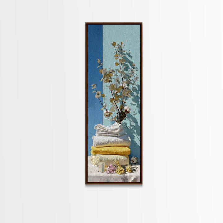 Sunlit White Towels and Eucalyptus Branch Framed Canvas Print, Laundry Room Art, Custom Wall Art, Living Room Decor, Clean, LRA-1x3-71