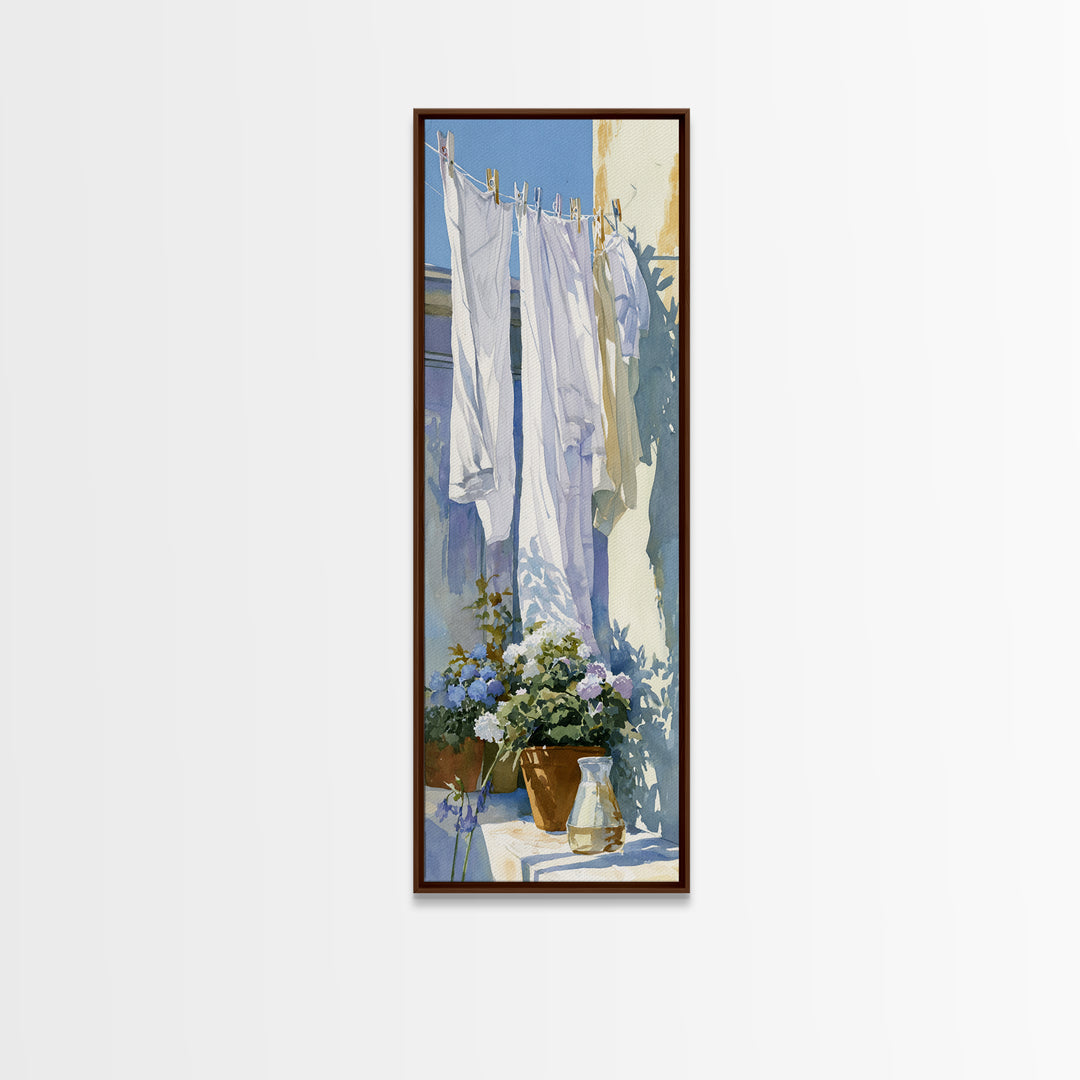 Clothesline with White Linens Blowing in Sunshine Canvas Print, Laundry Room Art, Living Room Decor, Abstract Art, Clean, LRA-1x3-85