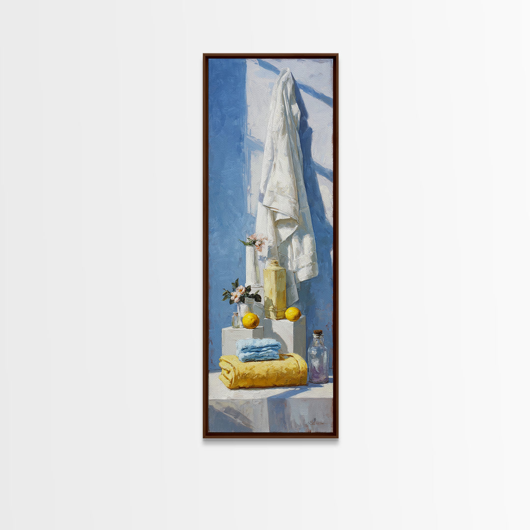 Lemon and Clean Linen Still Life Framed Canvas Print, Laundry Room Art, Living Room Decor, Abstract Art, Clean, LRA-1x3-87