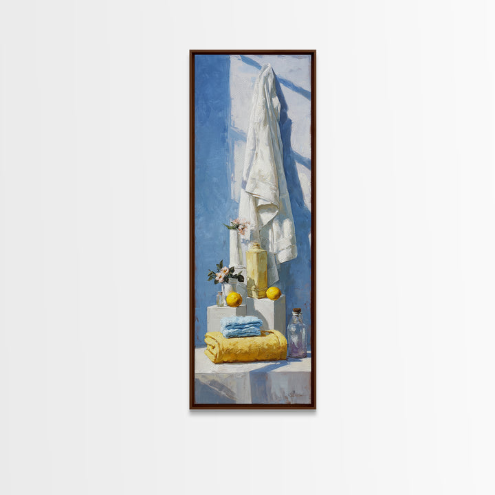 Lemon and Clean Linen Still Life Framed Canvas Print, Laundry Room Art, Living Room Decor, Abstract Art, Clean, LRA-1x3-87