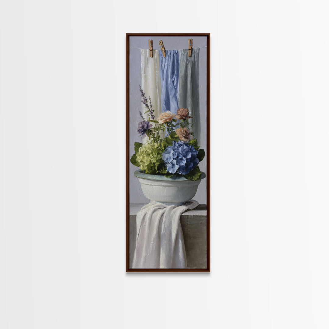 Old Enamel Basin Filled Framed Canvas Print, Laundry Room Art, Retro Wall Art, Living Room Decor, Clean, Digital Art Print, LRA-1x3-92