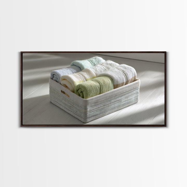 Basket of Folded Towels Framed Canvas Print, Laundry Room Art, Art Print, Living Room Decor, Fine Art, Clean, Artwork, LRA-2x1-10