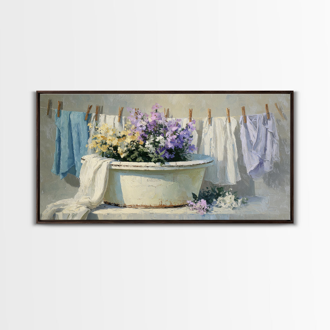Old Enamel Basin Filled Framed Canvas Print, Laundry Room Art, Farmhouse Wall Art, Living Room Decor, Oil Painting, Clean, LRA-2x1-100