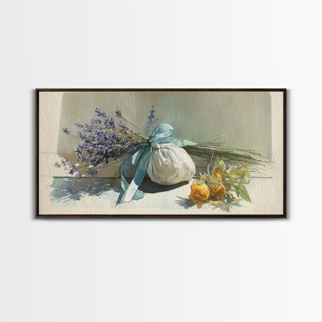 Lavender Sachet and Ribbon Still Life Framed Canvas Print, Laundry Room Art, Minimalist Decor, Living Room Decor, Clean, LRA-2x1-13