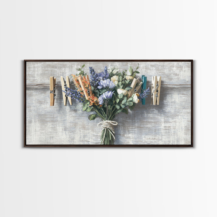 Clothespin Bouquet in Folk Art Style Framed Canvas Print, Laundry Room Art, Fine Art Print, Living Room Decor, Fine Art, Clean, LRA-2x1-16