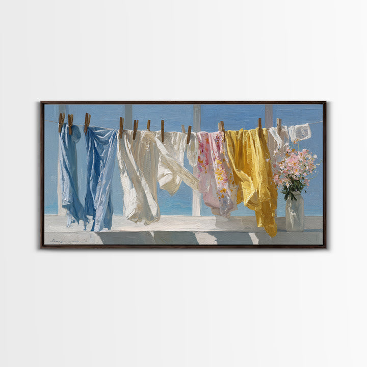 Clothesline with White Linens Blowing in Sunshine Canvas Print, Laundry Room Art, Home Decor, Living Room Decor, Clean, LRA-2x1-21