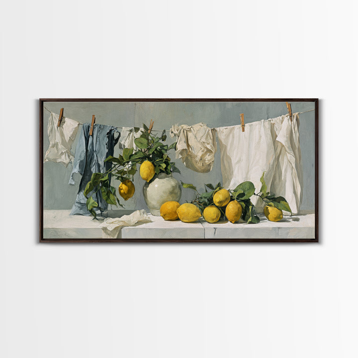 Lemon and Clean Linen Still Life Framed Canvas Print, Laundry Room Art, Digital Wall Art, Living Room Decor, Abstract Art, LRA-2x1-23