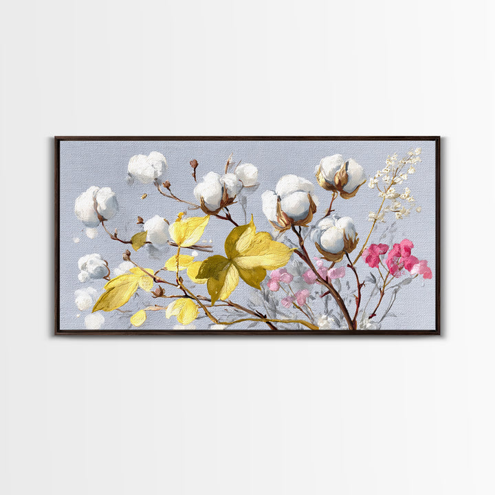 Fresh Cotton Branch Botanical Study Framed Canvas Print, Laundry Room Art, Fine Art Print, Living Room Decor, Fine Art, Clean, LRA-2x1-27