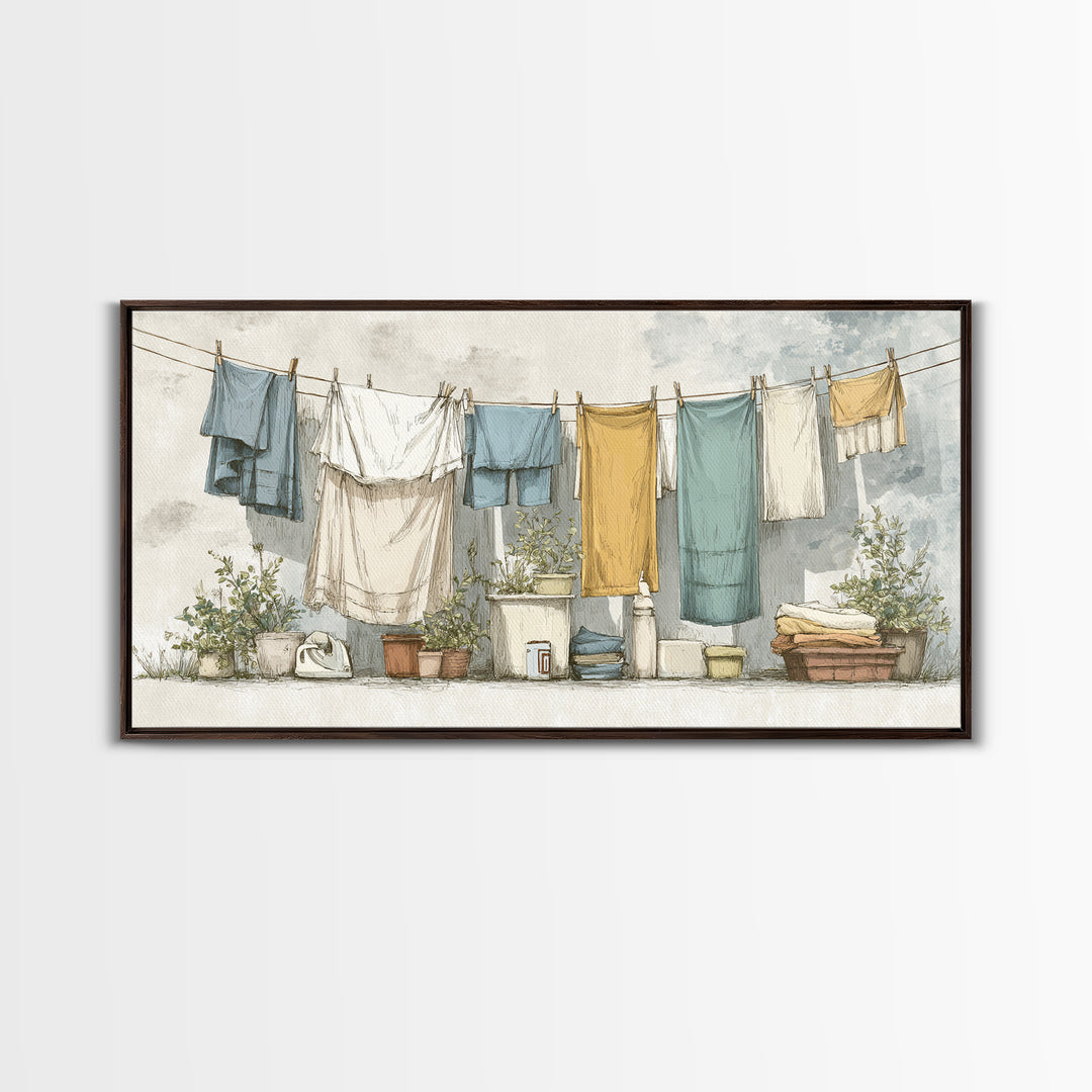 Retro Iron Illustration Framed Canvas Print, Laundry Room Art, Living Room Decor, Watercolor Art, Clean, Wall Art Print, LRA-2x1-29