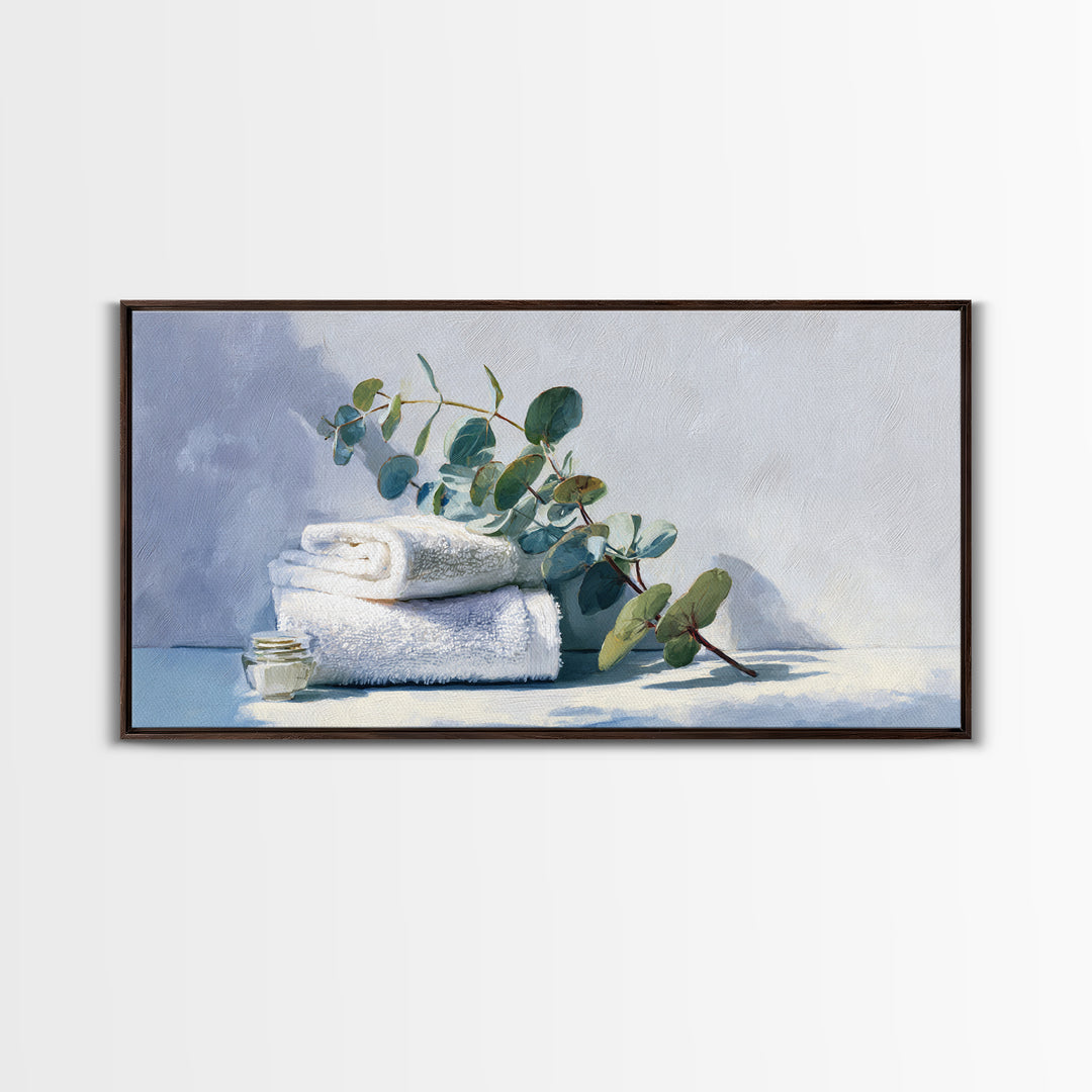 Sunlit White Towels and Eucalyptus Branch Canvas Print, Laundry Room Art, Digital Print, Living Room Decor, Fine Art, Clean, LRA-2x1-31
