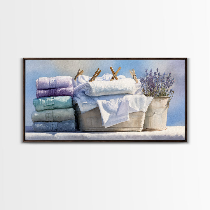 Basket of Folded Towels Framed Canvas Print, Laundry Room Art, Art Print, Living Room Decor, Fine Art, Clean, Artwork, LRA-2x1-34