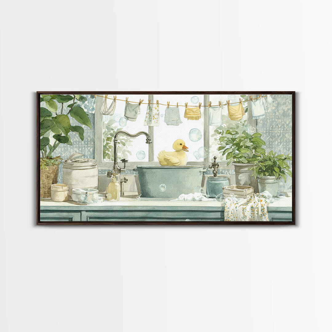 Duck and Bubbles Whimsical Watercolor Framed Canvas Print, Laundry Room Art, Living Room Decor, Oil Painting, Clean, LRA-2x1-35