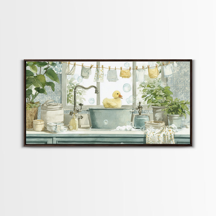 Duck and Bubbles Whimsical Watercolor Framed Canvas Print, Laundry Room Art, Living Room Decor, Oil Painting, Clean, LRA-2x1-35