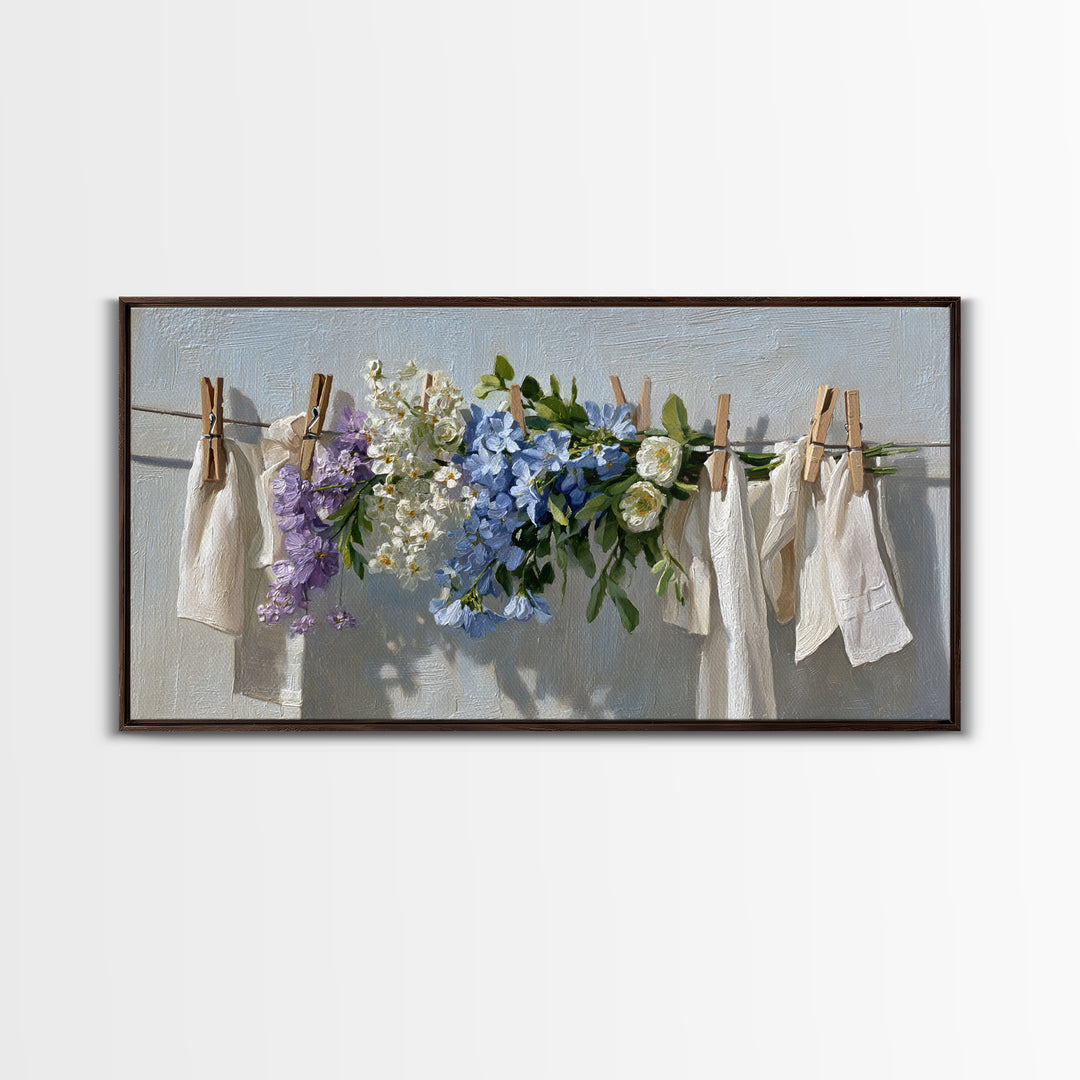Clothespin Bouquet in Folk Art Style Framed Canvas Print, Laundry Room Art, Wall Decor, Living Room Decor, Fine Art, Clean, LRA-2x1-40