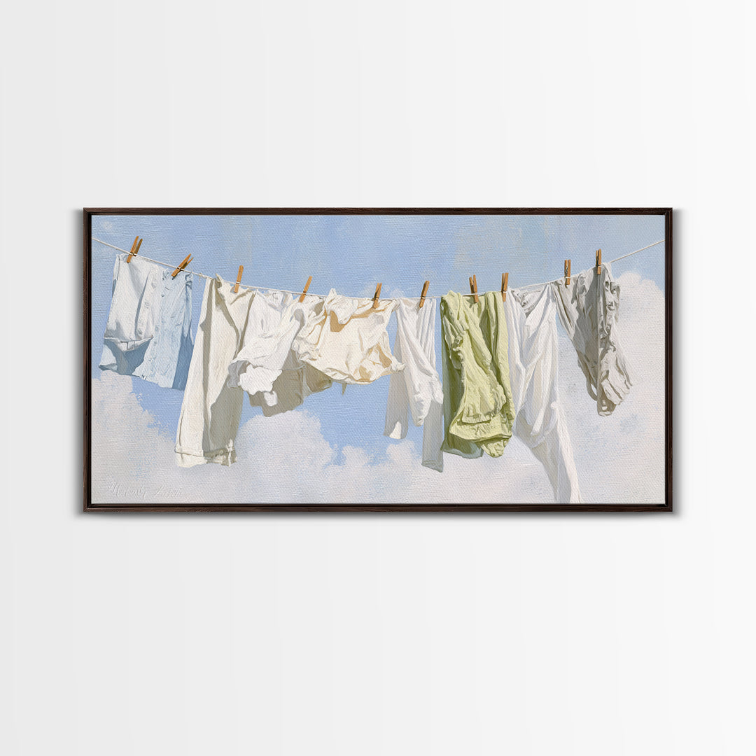 Clothesline with White Linens Blowing in Sunshine Canvas Print, Laundry Room Art, Digital Wall Art, Living Room Decor, Clean, LRA-2x1-45