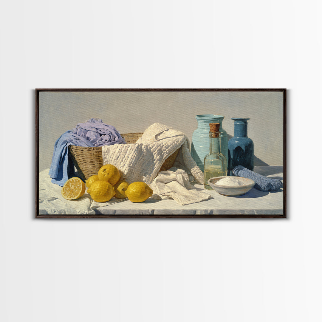 Lemon and Clean Linen Still Life Canvas Print, Laundry Room Art, Farmhouse Decor, Living Room Decor, Abstract Art, Clean, LRA-2x1-47