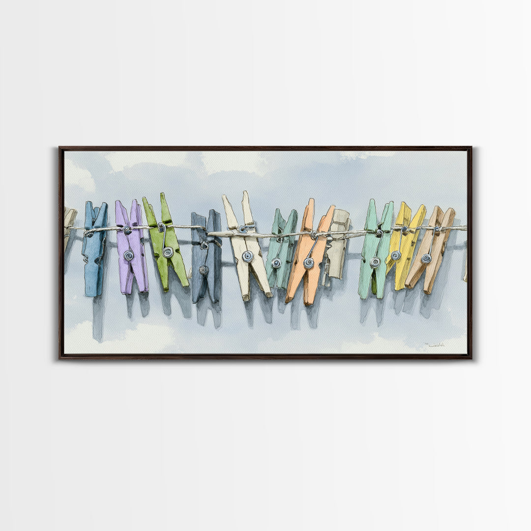 Cheerful Clothespins Arranged as Pattern Canvas Print, Laundry Room Art, Digital Art, Living Room Decor, Fine Art, Clean, LRA-2x1-48