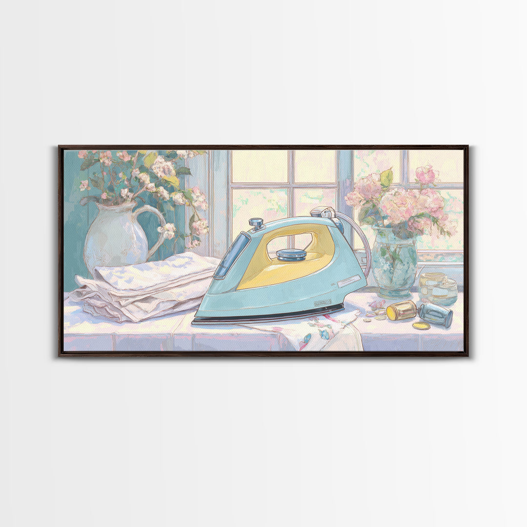 Retro Iron Illustration Framed Canvas Print, Laundry Room Art, Living Room Decor, Watercolor Art, Clean, Wall Art Print, LRA-2x1-5
