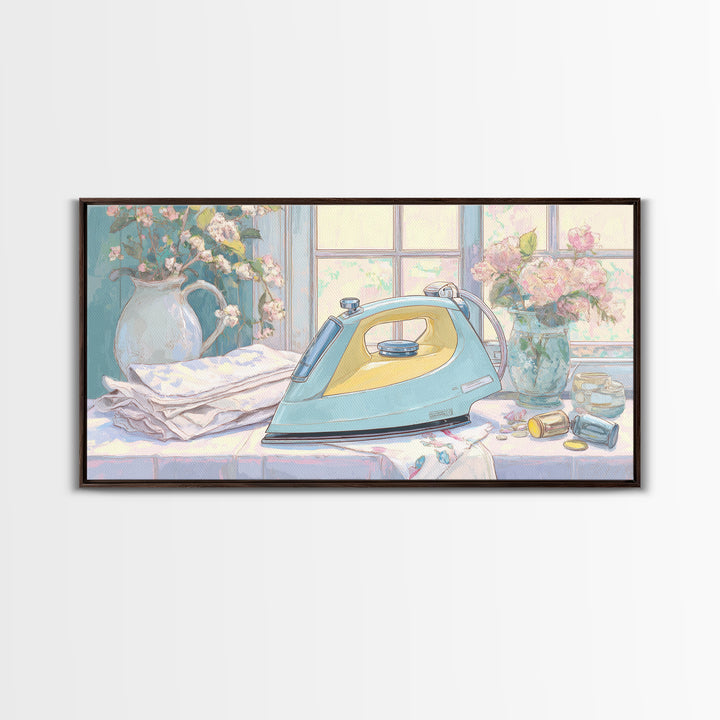 Retro Iron Illustration Framed Canvas Print, Laundry Room Art, Living Room Decor, Watercolor Art, Clean, Wall Art Print, LRA-2x1-5