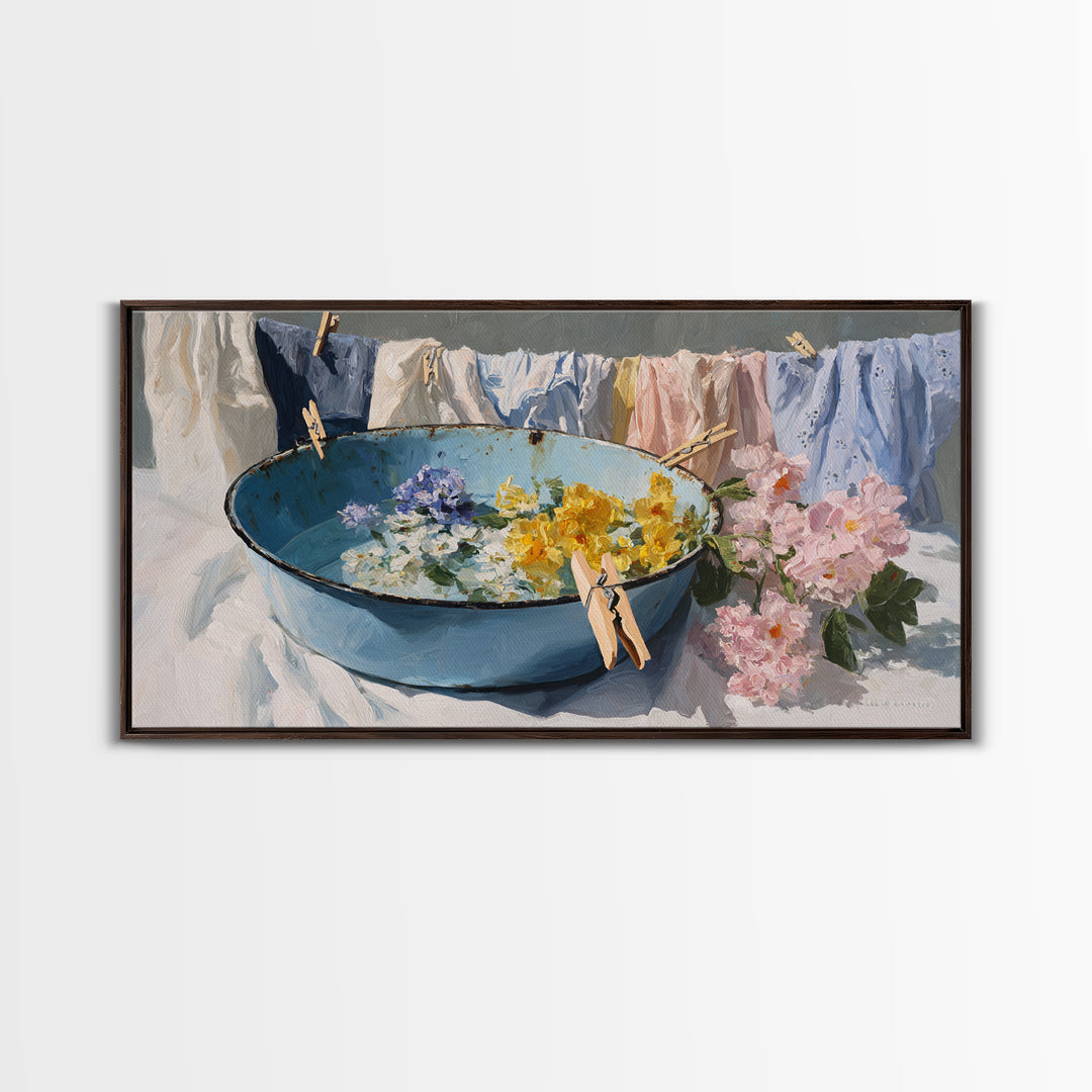 Old Enamel Basin Filled Canvas Print, Laundry Room Art, Printable Wall Art, Living Room Decor, Watercolor Art, Clean, LRA-2x1-52