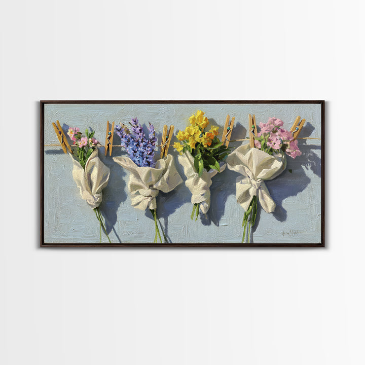 Clothespin Bouquet in Folk Art Style Canvas Print, Laundry Room Art, Artwork, Living Room Decor, Clean, Minimalist Wall Art, LRA-2x1-64