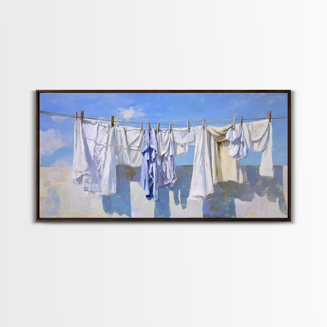 Clothesline with White Linens Blowing in Sunshine Canvas Print, Laundry Room Art, Farmhouse Decor, Living Room Decor, Clean, LRA-2x1-69