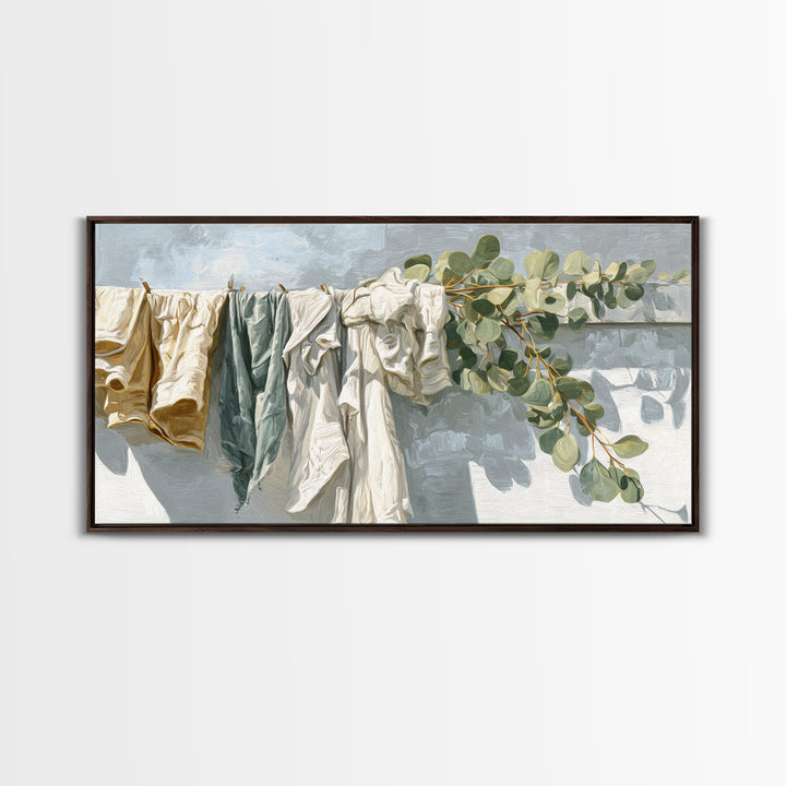 Sunlit White Towels and Eucalyptus Branch Framed Canvas Print, Laundry Room Art, Living Room Decor, Watercolor Art, Clean, LRA-2x1-7