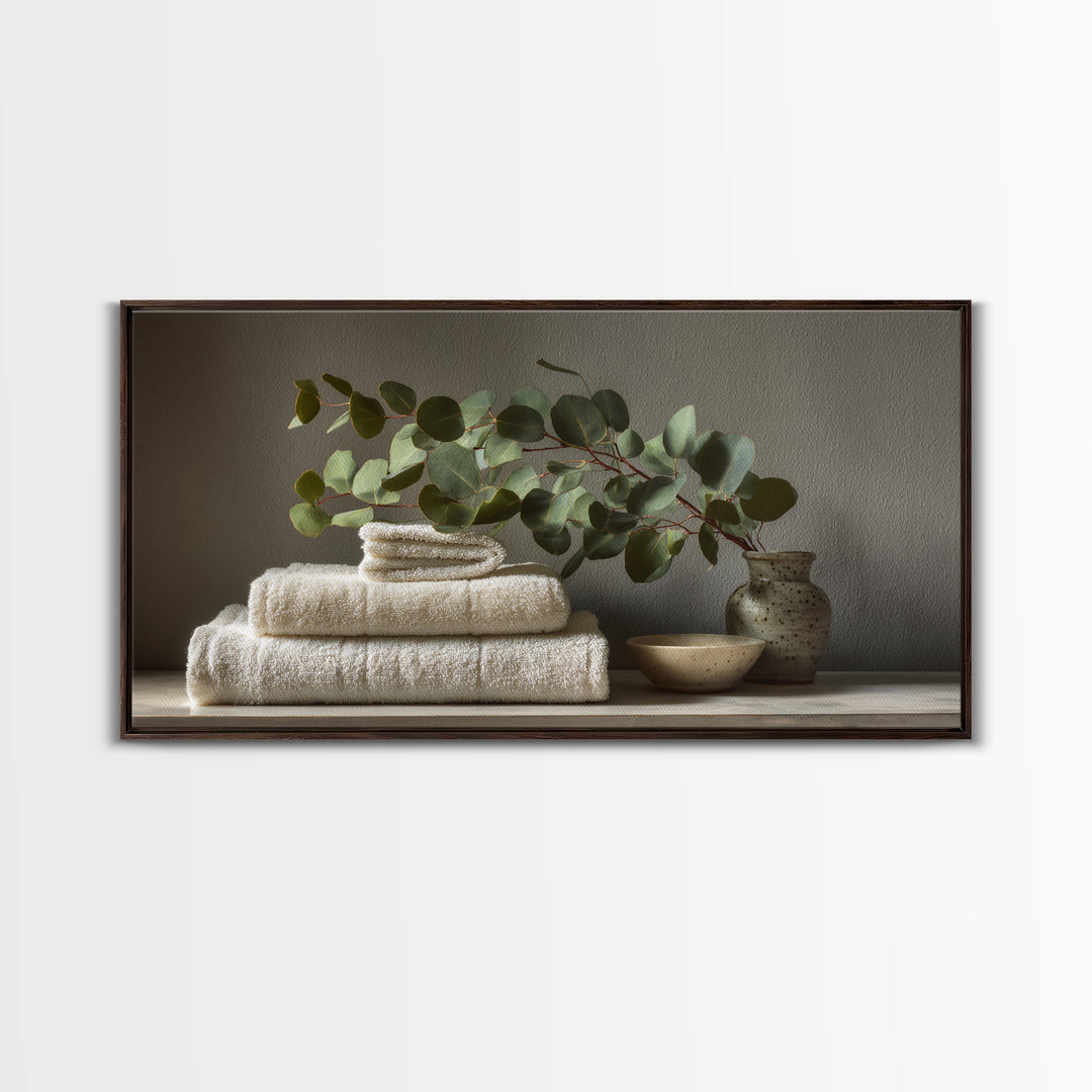 Sunlit White Towels and Eucalyptus Branch Canvas Print, Laundry Room Art, Gallery Wall Prints, Living Room Decor, Clean, LRA-2x1-79