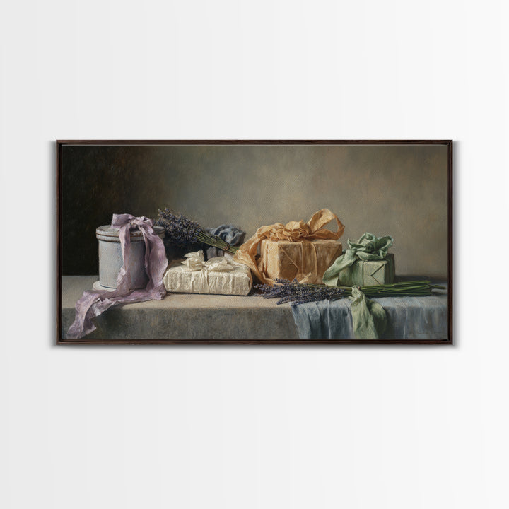 Lavender Sachet and Ribbon Still Life Framed Canvas Print, Laundry Room Art, Printable Art, Living Room Decor, Fine Art, Clean, LRA-2x1-85
