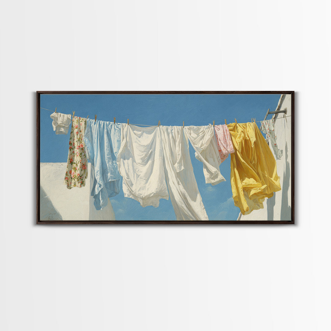 Clothesline with White Linens Blowing in Sunshine Canvas Print, Laundry Room Art, Farmhouse Decor, Living Room Decor, Clean, LRA-2x1-93