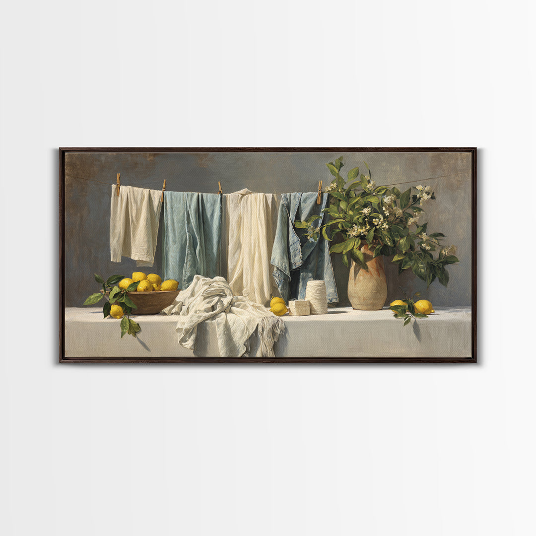 Lemon and Clean Linen Still Life Framed Canvas Print, Laundry Room Art, Digital Art Print, Living Room Decor, Fine Art, Clean, LRA-2x1-95