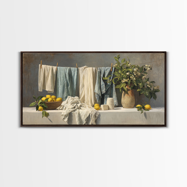 Lemon and Clean Linen Still Life Framed Canvas Print, Laundry Room Art, Digital Art Print, Living Room Decor, Fine Art, Clean, LRA-2x1-95