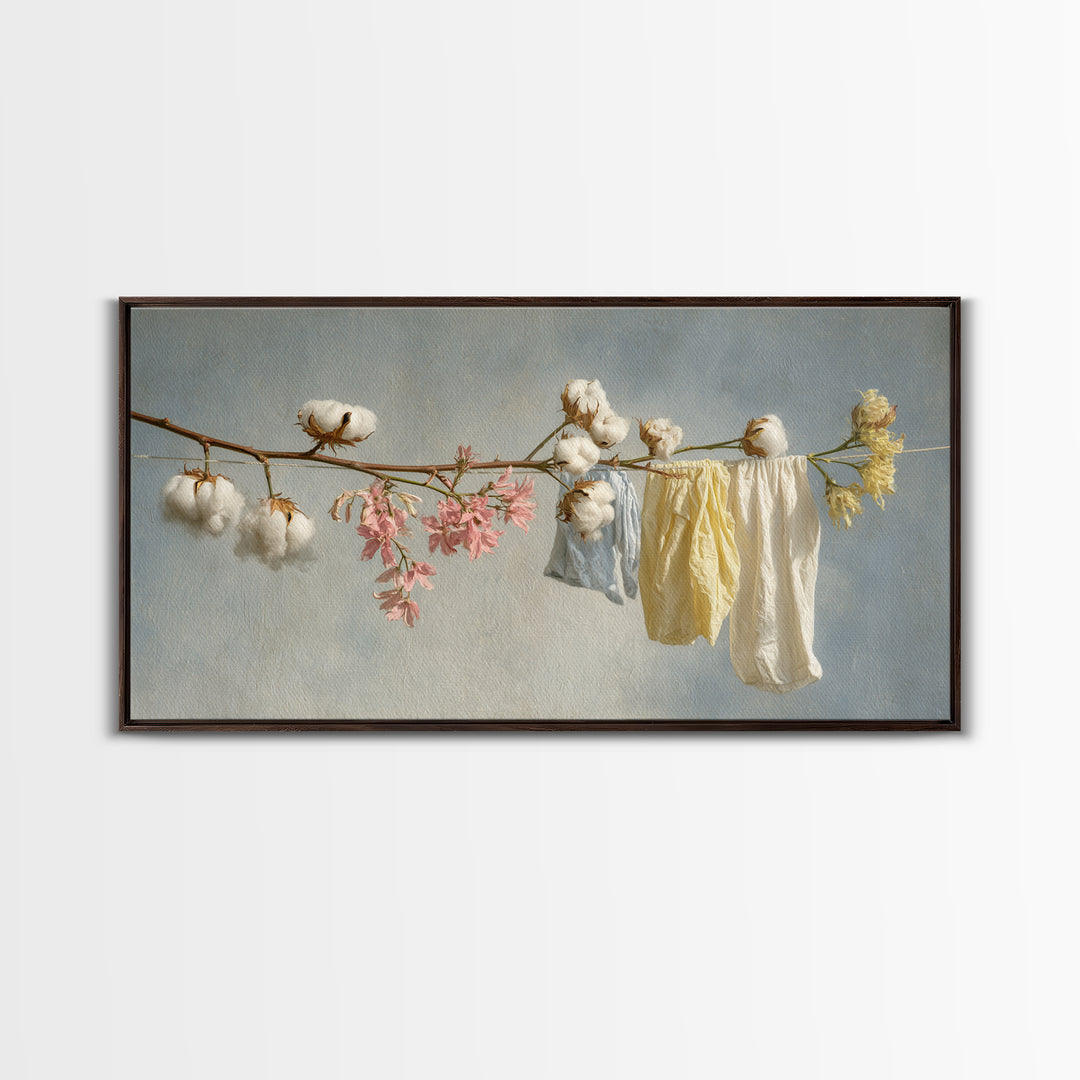 Fresh Cotton Branch Botanical Study Framed Canvas Print, Laundry Room Art, Wall Art Print, Living Room Decor, Watercolor Art, LRA-2x1-99