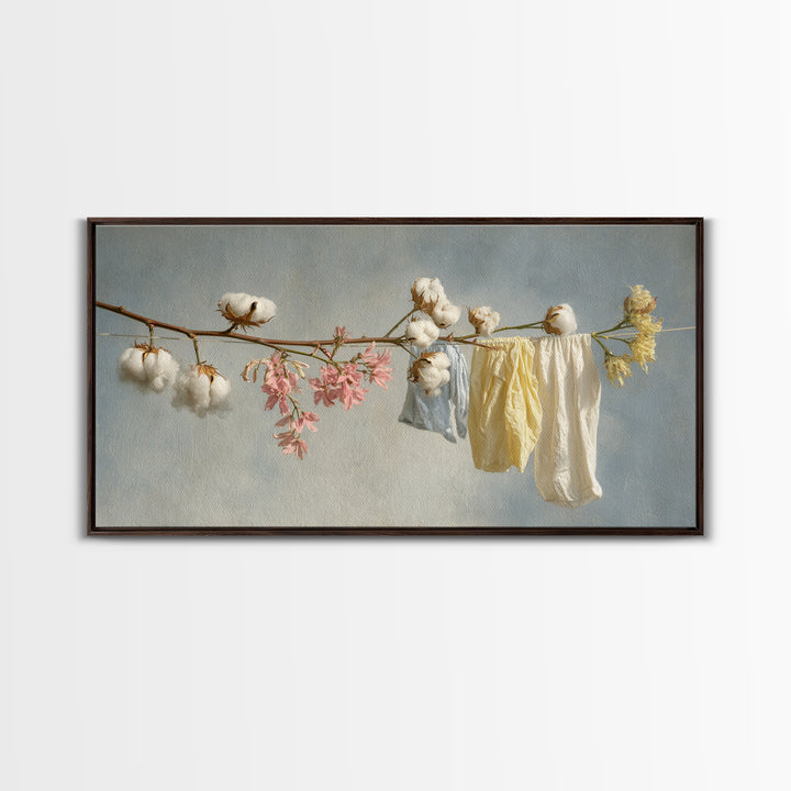 Fresh Cotton Branch Botanical Study Framed Canvas Print, Laundry Room Art, Wall Art Print, Living Room Decor, Watercolor Art, LRA-2x1-99