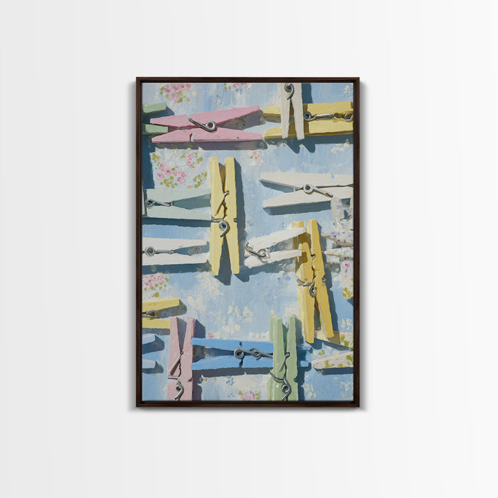 Cheerful Clothespins Arranged as Pattern Framed Canvas Print, Laundry Room Art, Minimalist Decor, Living Room Decor, LRA-2x3-12