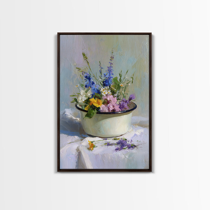 Old Enamel Basin Filled Canvas Print, Laundry Room Art, Whimsical Art, Living Room Decor, Fine Art, Clean, Statement Artwork, LRA-2x3-16