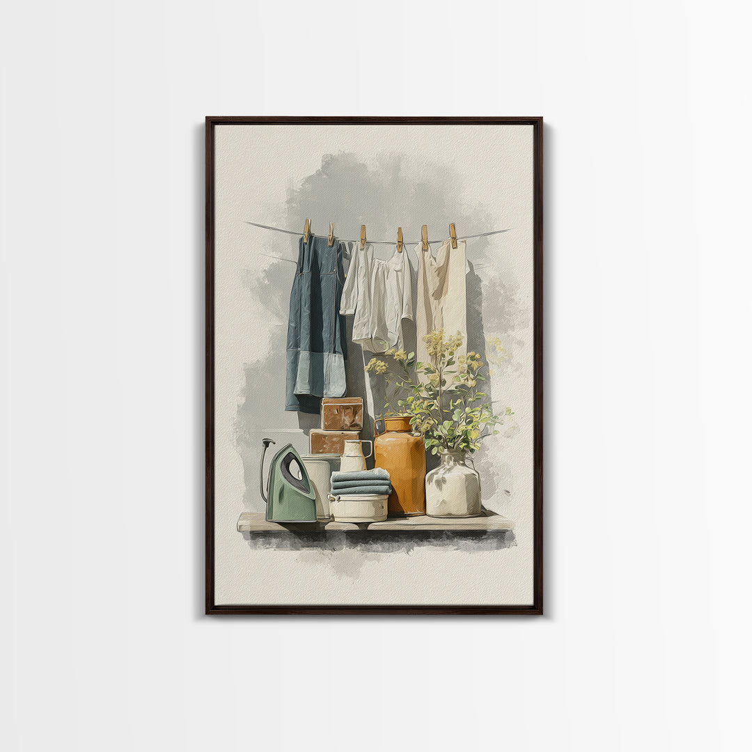 Retro Iron Illustration Framed Canvas Print, Laundry Room Art, Printable Wall Art, Living Room Decor, Abstract Art, Clean, LRA-2x3-17