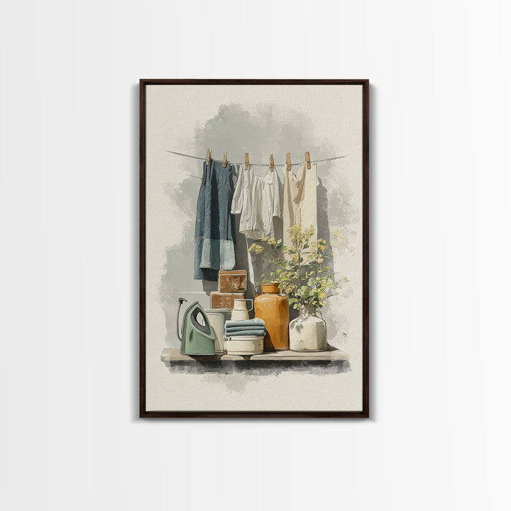 Retro Iron Illustration Framed Canvas Print, Laundry Room Art, Printable Wall Art, Living Room Decor, Abstract Art, Clean, LRA-2x3-17