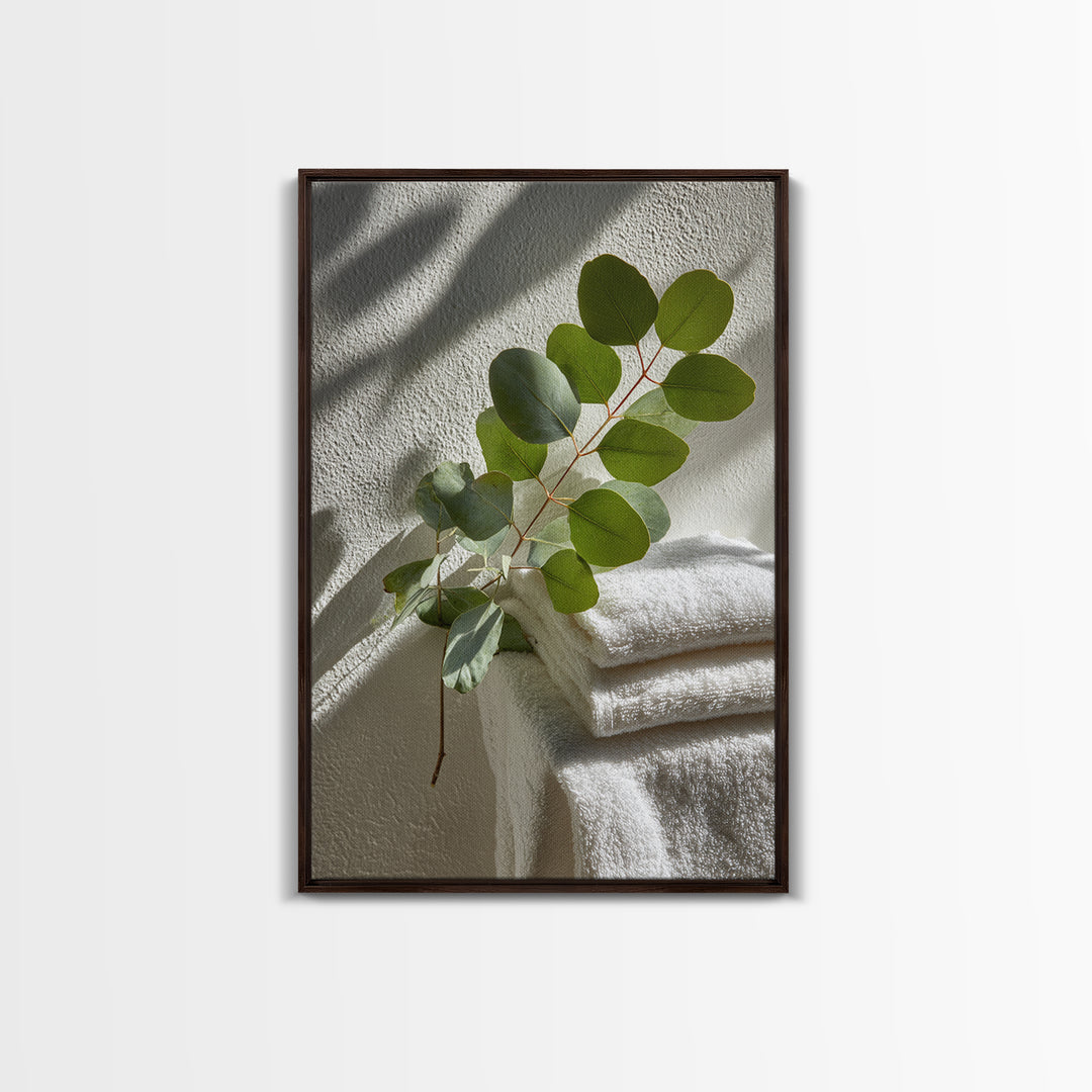 Sunlit White Towels and Eucalyptus Branch Framed Canvas Print, Laundry Room Art, Neutral Decor, Living Room Decor, LRA-2x3-19