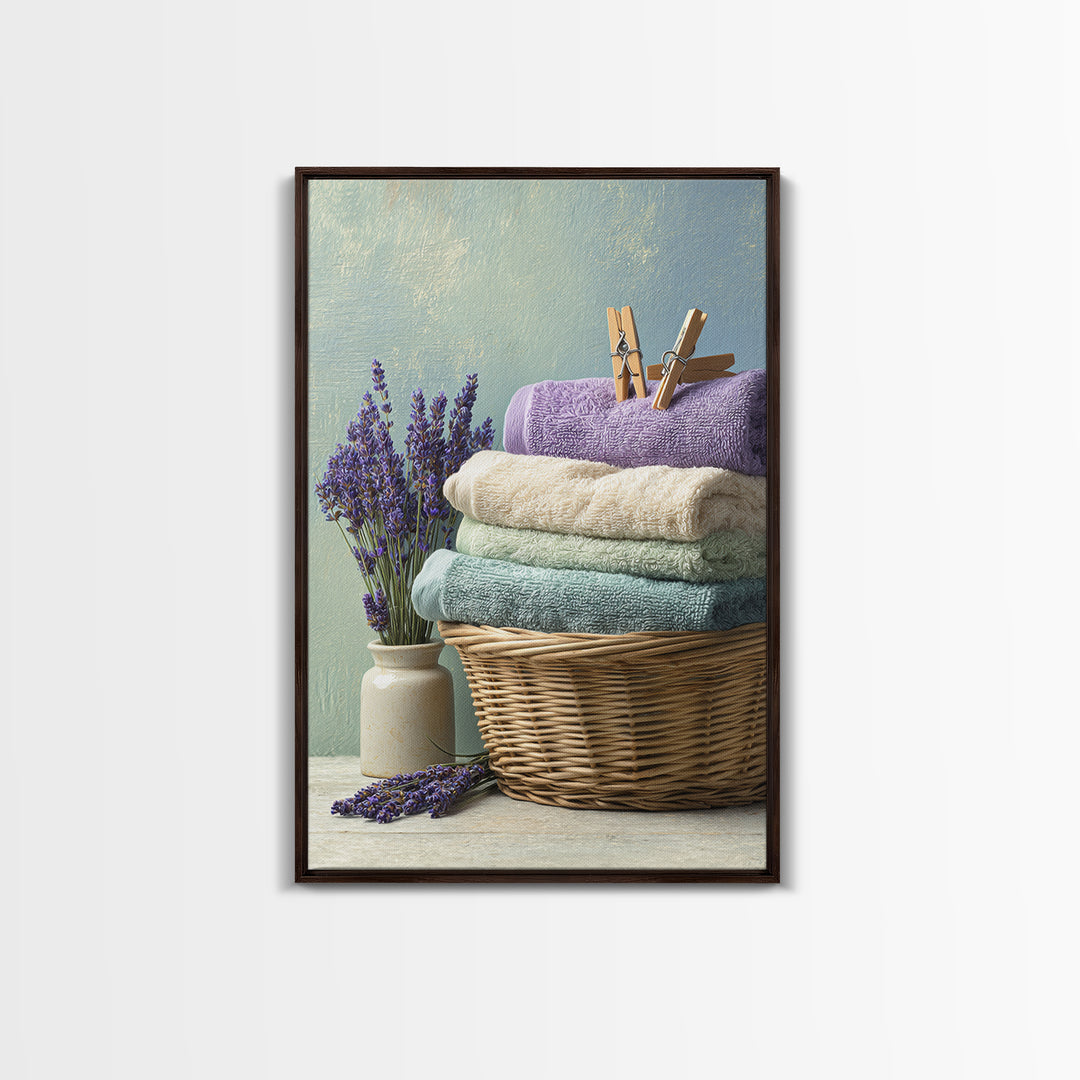 Basket of Folded Towels Framed Canvas Print, Laundry Room Art, Textured Painting, Living Room Decor, Fine Art, Clean, LRA-2x3-22