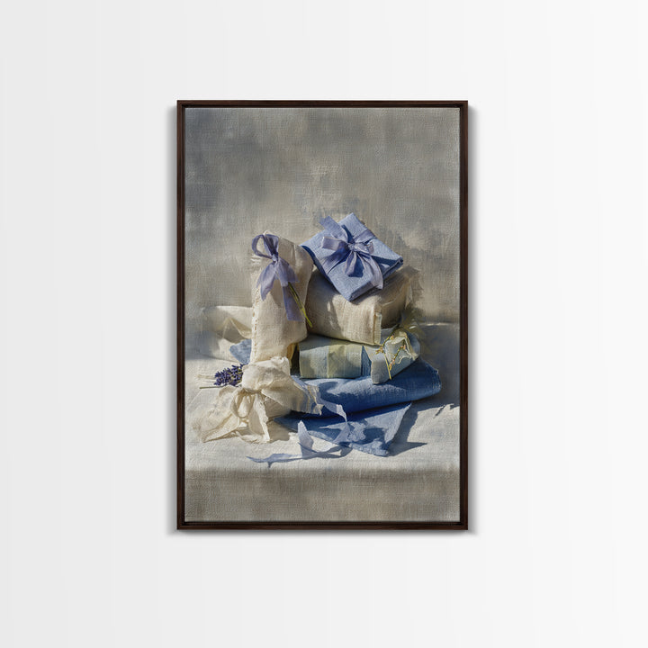 Lavender Sachet and Ribbon Still Life Framed Canvas Print, Laundry Room Art, Home Decor, Living Room Decor, Fine Art, Clean, LRA-2x3-25