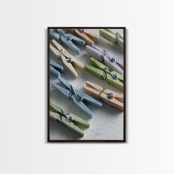 Cheerful Clothespins Arranged as Pattern Canvas Print, Laundry Room Art, Farmhouse Wall Art, Living Room Decor, Clean, LRA-2x3-36